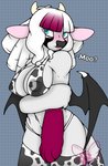 anthro bat_wings big_breasts blue_eyes blush breasts clothing cow_costume female fur horn membrane_(anatomy) membranous_wings solo tail tail_tuft thick_thighs tuft wet wet_clothing white_body white_fur wings miu_vamcat moovember miu_vamcat_(character) bat bovid bovine cattle hybrid mammal hi_res