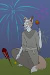 anthro apple biped border_collie canid canine canis clothed clothing collie digital_media_(artwork) domestic_dog fireworks food fruit fur hair herding_dog hi_res holidays ikarithemonsterfox kingrusty kneeling male mammal night open_mouth pastoral_dog plant robe sheepdog smile solo teeth tongue