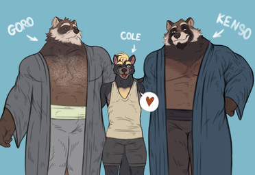 anthro beard body_hair bottomwear brown_body brown_fur chest_hair clothed clothing facial_hair fur goatee group hair looking_at_viewer male mature_anthro mature_male mustache one_eye_closed open_clothing shirt shorts simple_background size_difference smile standing tank_top text tongue tongue_out topwear trio wink winking_at_viewer maychin canid canine canis mammal raccoon_dog tanuki wolf digital_media_(artwork) hi_res father_(lore) father_and_child_(lore) father_and_son_(lore) parent_(lore) parent_and_child_(lore) parent_and_son_(lore) son_(lore)