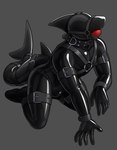 anthro ball_gag bdsm clothing fin gag glistening glistening_clothing harness head_fin kneeling latex latex_clothing male simple_background solo hacony fish marine shark absurd_res hi_res