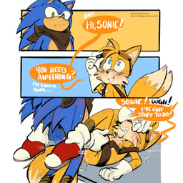 ambiguous_gender ambiguous_penetration anthro blue_body blue_eyes blush blush_lines bodily_fluids casual_sex clothing covering covering_eyes covering_face cum cum_inside desk drooling duo eyewear eyewear_on_head footwear furniture genital_fluids gloves goggles goggles_on_head green_eyes handwear leg_wrap male male/ambiguous on_desk orgasm orgasm_face penetration saliva sex shoes_on socks table text yellow_body relatedturtles sega sonic_boom sonic_the_hedgehog_(series) miles_prower sonic_the_hedgehog canid canine eulipotyphlan hedgehog mammal comic english_text hi_res