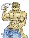 anthro clothed clothing genitals key male muscular muscular_anthro muscular_male penis simple_background solo tail text topless undressing icewolf pylon_h._wolf pylon_the_wolf colored_pencil_(artwork) english_text mixed_media pen_(artwork) signature traditional_media_(artwork)