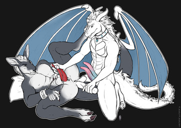 2_penises anal anal_penetration animal_genitalia animal_penis anthro arms_tied balls balls_above_penis bound collar collar_only dildo dildo_in_ass dildo_insertion double_anal double_penetration duo erection eyes_closed genitals grey_background handjob hemipenes kneeling lying male male/male marsupial_penis multi_genitalia multi_penis nude object_in_ass on_back penetration penile penis sex sex_toy sex_toy_in_ass sex_toy_insertion simple_background smile spread_legs spreading teeth wings tanutanuki mythology amon_bars whitingen dragon kangaroo macropod mammal marsupial mythological_creature mythological_scalie scalie 2018