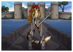 angry anthro armor border breasts brown_hair castle cleavage clothed clothing detailed_background female green_eyes hair melee_weapon solo stripes sword weapon white_border wind yin_yang detts tamara felid mammal pantherine tiger 2013