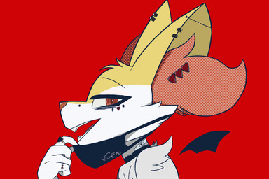accessory ambiguous_gender anthro mask piercing red_eyes ring sharp_teeth solo teeth suitedwolfie nintendo pokemon braixen generation_6_pokemon pokemon_(species) vampire hi_res