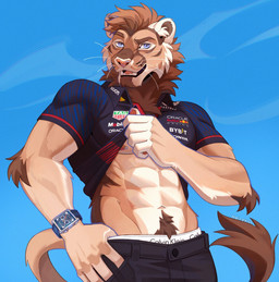 abs bottomwear clock clothing fur hair looking_at_viewer male navel nipple_piercing nipples pants parody piercing pubes shirt simple_background solo tail topwear underwear watch noirekat calvin_klein formula_1 red_bull max_verstappen felid feline mammal hi_res