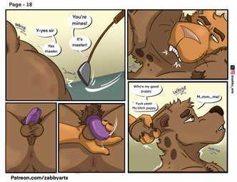 anthro anus balls bite bite_mark brown_body butt butt_slap chastity_cage chastity_device dialogue duo eyebrows genitals male male/male nude profanity pubes slap spanking tail text zabby_arts blake_(zabby_arts) tony_(zabby_arts) canid canine canis cougar domestic_cat domestic_dog felid feline felis hyena mammal comic english_text hi_res url