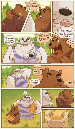 angry anthro bully bullying butt butt_slap chest_tattoo clothing dialogue duo insult male male/male nipples overalls pecs seductive shirt slap spanked_butt spanking speech_bubble tank_top tattoo text topwear haxsmack cartoon_network we_bare_bears grizzly_(we_bare_bears) ralph_(we_bare_bears) bear mammal sasquatch yeti comic english_text hi_res