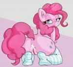 after_sex anthro anthrofied anus biped bodily_fluids breasts butt clothed clothing cum cum_in_ass cum_inside cutie_mark equid equine female footwear friendship_is_magic genital_fluids genitals hasbro hi_res horse jailbait_knight kneeling legwear looking_back mammal my_little_pony nipples pinkie_pie_(mlp) pony pussy simple_background socks solo