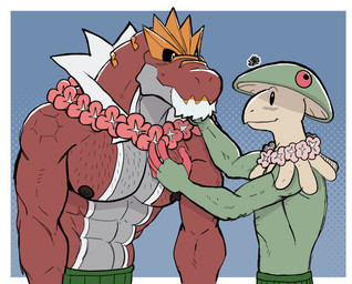 abs anthro biceps big_muscles biped blush blush_lines bodily_fluids body_hair chest_hair clothed clothing dancing dot_eyes dressing dressing_another dressing_partner duo erect_nipples eyebrows grass_skirt green_body green_scales hawaiian lei luau male male/male mature_male muscular muscular_male navel nervous nipples pupils red_body red_scales scales sexual_tension simple_eyes snout spikes spikes_(anatomy) sweat sweatdrop topless topless_anthro topless_male triceps twunk ventral_scales hunter-husky nintendo pokemon anton_o'moore trenton_liddle breloom fossil_pokemon generation_3_pokemon generation_6_pokemon pokemon_(species) scalie tyrantrum half-length_portrait hi_res portrait