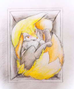 3_fingers 3_toes ambiguous_anthro ambiguous_gender anthro arm_tuft big_tail biped bird's-eye_view black_body blush blush_lines box chest_tuft container digitigrade dipstick_tail ears_down feet fingers fluffy fluffy_tail front_view fur high-angle_view hip_tuft inner_ear_fluff inside_box looking_at_viewer looking_up looking_up_at_viewer lying markings multicolored_body multicolored_fur nude_ambiguous nude_anthro on_back orange_body orange_eyes orange_fur orange_inner_ear_fluff orange_nose orange_tail_tip pivoted_ears pointy_ears prick_ears shoulder_tuft simple_background solo tail tail_markings tapering_snout toes tuft two_tone_tail white_body white_fur yellow_body yellow_fur yellow_tail eiroru nintendo pokemon braixen canid generation_6_pokemon mammal pokemon_(species) 2018 colored colored_pencil_(artwork) full-length_portrait graphite_(artwork) hi_res japanese_description portrait shaded traditional_media_(artwork) translated_description