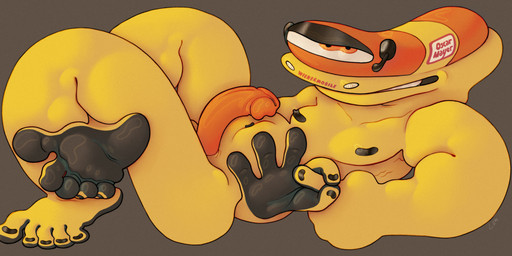 black_nipples black_palms black_soles car curved_penis erection feet foot_fetish genitals gesture humanoid_feet long_penis male muscular muscular_male nipples not_furry orange_penis penis plantigrade sex_gesture simple_background solo suggestive suggestive_gesture vehicle yellow_body ravuer oscar_mayer wienermobile humanoid absurd_res hi_res