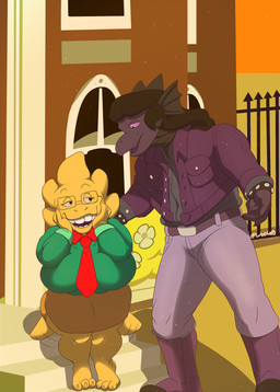 anthro belt clothed clothing duo eyewear female fence flower glasses grass male male/female necktie plant rectangular_glasses school shrub stairs tail tail_motion tailwag yellow_body shimmshamm wetwaffls european_mythology mythology undertale_(series) alphys lexington_ulfric_izunia dinosaur dragon lizard mythological_creature mythological_scalie prehistoric_species reptile scalie western_dragon wyvern absurd_res hi_res unavailable_at_source