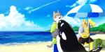 anthro beach belly blush bottomwear clothed clothing detailed_background duo eyewear glasses humanoid_hands kemono male open_clothing open_shirt open_topwear outside overweight overweight_male seaside shirt shorts topwear water n_gata21 canid canine mammal 2014 2:1