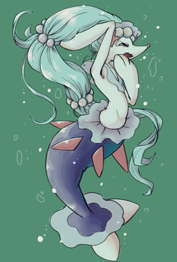 blue_hair bubble female feral fur green_background hair open_mouth semi-anthro simple_background solo split_form white_body white_fur yawn haitaniura nintendo pokemon aquatic generation_7_pokemon merfolk pokemon_(species) primarina hi_res
