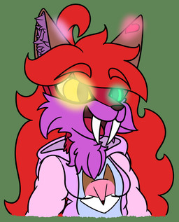 ahoge anthro breasts brown_body brown_clothing brown_ears brown_fur clothing fangs female fur glowing glowing_eyes glowing_markings green_eyes hair heart_(marking) heterochromia long_hair markings neck_tuft open_mouth pink_body pink_clothing pink_fur purple_body purple_clothing purple_fur red_hair sabertooth_(anatomy) teeth tuft white_clothing yellow_eyes robynsnowyfoxxo robyn_(robynsnowyfoxxo) canid canine felid fox hybrid mammal prehistoric_species saber-toothed_tiger 2020 demigirl_(lore) nonbinary_(lore) trans_(lore) trans_woman_(lore)