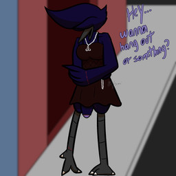 anthro beak big_penis breasts clothed clothing covered_eyes dialogue dress front_view genitals gynomorph huge_penis intersex jewelry penis purple_body small_breasts solo chefrens rayfu_(chefrens) avian bird corvid corvus_(genus) oscine passerine raven 1:1 hi_res
