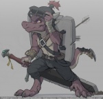 anthro armor barefoot belt biped bulge clothing digitigrade feet headgear helmet horn large_sword male melee_weapon purple_body purple_eyes purple_skin scar shield shield_on_back solo sword tail warrior weapon dark_nek0gami berz_(dark_nek0gami) kobold reptile scalie