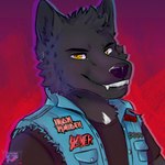1:1 alexander_archipelago_wolf anthro battle_vest black_body black_fur canid canine canis clothing fur heavy_metal iron_maiden_(band) kreator_(band) male malendraco_azrael mammal metalhead orange_eyes patch_(fabric) patched_clothing patched_jacket pentagram_(band) rayozecari shirt slayer_(band) smiley_face solo t-shirt teeth topwear wolf