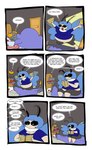 anthro bed belly big_belly blue_clothing blue_hair blue_shirt blue_topwear book clothing dialogue duo female furniture hair inside overweight red_sclera shirt speech_bubble text topwear wings agouti-rex animal_humanoid arthropod arthropod_humanoid domestic_cat felid feline felis humanoid insect insect_humanoid lepidopteran lepidopteran_humanoid mammal moth moth_humanoid 2014 comic english_text hi_res