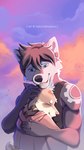 afternoon cloud comforting cuddling duo female feral fluffy hug male open_mouth simple_background simple_eyes takomishadow gear_(foxgear) misha_(takomishadow) canid canine canis coyote domestic_dog husky mammal nordic_sled_dog spitz hi_res shaded soft_shading