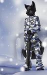 anthro assault_rifle biped black_body black_fur bridge camo clothed clothing fur green_eyes gun male outside ranged_weapon rifle sky snow solo standing uniform weapon conditional_dnp mrawl danny_thetcher canid canine canis mammal wolf 2014 full-length_portrait hi_res portrait watermark