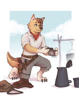 anthro backpack belt belt_buckle black_claws blue_eyes bottomwear buckle chuckwagon_dinner claws clothing coffee_pot collared_shirt cooking cowboy cowboy_hat cowboy_outfit food freckled_face freckles fur grey_bottomwear grey_clothing grey_pants gun handgun hat headgear headwear holding_food holding_object holster holstered_pistol kerchief kneeling kneeling_on_ground knife male pants ranged_weapon red_kerchief revolver rolled_up_pants rolled_up_sleeves shirt simple_background solo tan_body tan_fur topwear weapon white_clothing white_shirt white_topwear navliciouss dakota_asbury canid canine canis coyote mammal 4:5 digital_drawing_(artwork) digital_media_(artwork) full-length_portrait hi_res painting_(artwork) portrait
