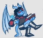 blue_body book boots clothed clothing collared_shirt female footwear hair horn membrane_(anatomy) membranous_wings scales shoes tail text wings run_rabbit_bounce mythology dragon familiar mythological_creature mythological_scalie reptile scalie snake