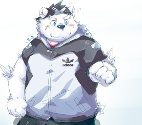 anthro blue_eyes bottomwear clothing fur hoodie humanoid_hands male overweight overweight_anthro overweight_male pants simple_background solo text topwear white_background white_body white_fur bhtoss bear mammal polar_bear ursine 2015