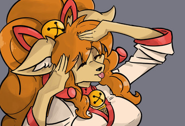 accessory anthro asian_clothing bell bell_collar bell_hair_tie blep breasts clothed clothing collar ear_tuft east_asian_clothing eyes_closed female fishnet_clothing fishnet_topwear fur grey_background hair hair_accessory hair_on_shoulders hair_ribbon hand_on_head japanese_clothing kimono long_hair orange_body orange_fur orange_hair ponytail ribbons silly simple_background solo tongue tongue_out topwear tuft snoutless ah_eto..._bleh! undertale undertale_(series) undertale_yellow ceroba_ketsukane canid canine fox mammal 2025 absurd_res bust_portrait digital_drawing_(artwork) digital_media_(artwork) hi_res meme portrait