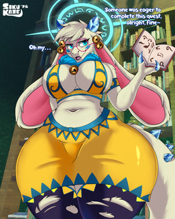 anthro belly big_breasts blue_eyes book bottomwear breasts claws clothing curvy_figure eyewear female fur glasses halo horn huge_breasts huge_hips legwear long_ears low-angle_view skirt slightly_chubby smile solo stockings text thick_thighs voluptuous wearing_glasses white_body white_fur wide_hips sikukaze atlyss mythology angela_flux bovid caprine dragon furred_dragon furred_scalie goat kubold_(atlyss) mammal mythological_creature mythological_scalie scalie 2026 4:5 absurd_res english_text hi_res