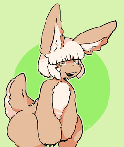 ambiguous_gender anthro fur geometric_background green_background hair horizontal_pupils looking_at_viewer pupils rabbit_ears short_hair simple_background sitting solo tan_body tan_fur catjamn made_in_abyss nanachi lagomorph mammal narehate aliasing digital_media_(artwork)