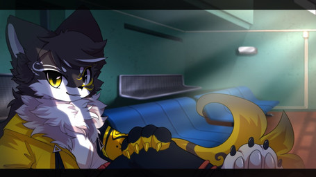 anthro big_eyes biped black_body black_fur clothing cute_fangs fangs fur jacket kemono looking_at_viewer male markings slim_anthro slim_male solo teeth topwear white_body white_fur white_markings yellow_clothing yellow_eyes yellow_jacket_(clothing) yellow_topwear hlg7777 canid canine fox mammal 2020
