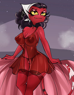 anthro black_hair breasts clothed clothing female genitals hair horn nipples partially_clothed red_body red_eyes simple_background smile solo tail thick_thighs vulva bitterrbunz hellaverse helluva_boss kendra_(helluva_boss) demon demon_humanoid humanoid imp hi_res