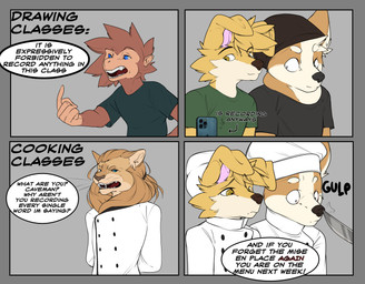 4_panel_comic anthro beanie clothed clothing comic_panel dialogue fur hat headgear headwear humor knife orange_body orange_fur recording recording_video scared shirt speech_bubble t-shirt text topwear yellow_body yellow_fur corginamedbruno canid canine canis domestic_dog felid haplorhine herding_dog lion mammal monkey pantherine pastoral_dog primate welsh_corgi absurd_res comic english_text hi_res