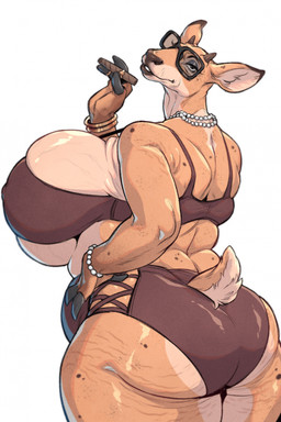 anthro big_breasts big_butt bracelet breasts butt cigar clothing dimple elderly elderly_female eyewear female horn huge_breasts huge_thighs hyper hyper_breasts jewelry mature_female necklace pose smile solo stretch_marks sunglasses swimwear tail thick_thighs wrinkles cosmicdanger edna_(homura) deer mammal hi_res
