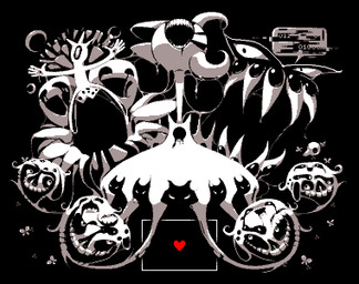 ambiguous_gender creepy_smile dripping feral glitch group heart_symbol horn horror_(theme) melting multi_face sharp_teeth smile speech_box teeth snugboat11 undertale undertale_(series) endogeny everyman lemon_bread memoryhead snowdrake's_mother amalgamate arthropod avian butterfly canid canine goo_creature insect lepidopteran mammal monster soul_(undertale) digital_media_(artwork) greyscale hi_res monochrome pixel_(artwork)
