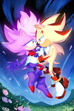 anthro duo eyelashes female flower flying fur grass half-closed_eyes male male/female narrowed_eyes night orange_eyes pink_body pink_fur plant star yellow_body yellow_fur drawloverlala sega sonic_the_hedgehog_(series) sonic_underground shadow_the_hedgehog sonia_the_hedgehog super_shadow eulipotyphlan hedgehog mammal 2:3 absurd_res hi_res