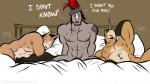 abs anthro armor beard bed biceps dialogue empty_eyes eyes_closed facial_hair fur furniture group hair headgear helmet horn male muscular muscular_male nipples nude pecs pillow sleeping tattoo text bgn mythology fidelis_(bgn) isaiah valens_(bgn) equid equine mammal mythological_creature mythological_equine rhinoceros unicorn 16:9 2014 digital_media_(artwork) english_text widescreen