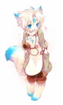 4_fingers ambiguous_gender anthro apron bangs barefoot biped blue_body blue_ears blue_eyes blue_face blue_fur blue_hair blue_highlights blue_markings blue_paws blue_pupils blue_tail blush brown_apron brown_clothing clothing cute_fangs dipstick_ears dipstick_tail ear_markings facial_markings fangs feet fingers fluffy fluffy_tail forehead_markings fur green_clothing grey_nose hair hand_on_chest head_markings heart_symbol highlights_(coloring) inner_ear_fluff iris light_body light_ears light_eyes light_face light_fur light_hair markings multicolored_apron multicolored_body multicolored_clothing multicolored_ears multicolored_face multicolored_fur multicolored_hair multicolored_tail navel open_mouth paws pink_apron pink_clothing pupils simple_background small_nose solo standing tail tail_markings teeth tuft two_tone_body two_tone_ears two_tone_face two_tone_fur two_tone_hair two_tone_tail white_apron white_background white_body white_clothing white_ears white_face white_fur white_hair white_tail young young_anthro cotora canid canine fox mammal source_request unavailable_at_source