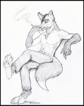 anthro biped black_border border cigarette clothed clothing ear_piercing industrial_piercing male paws piercing sitting smoke smoking solo tail topless reddyeno5 canid canine canis mammal wolf full-length_portrait graphite_(artwork) monochrome portrait sketch traditional_media_(artwork)