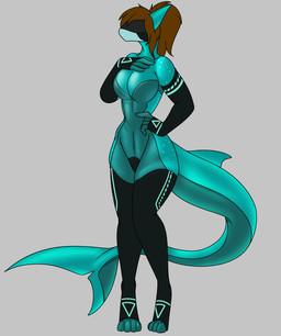 anthro armwear big_breasts black_armwear black_clothing black_elbow_gloves black_gloves black_handwear black_legwear black_thigh_highs breasts brown_hair clothing digitigrade drone elbow_gloves female fin gloves hair handwear legwear leotard mask navel non-mammal_breasts non-mammal_navel solo tail tail_fin thick_thighs thigh_highs wearing_mask koekoek lucas_(koekoek19) aquatic fish shark 2026 hi_res