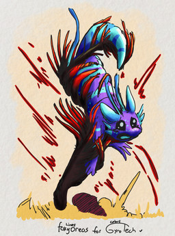 ambiguous_gender antennae_(anatomy) anthro back_tentacles biped blue_body blue_markings dipstick_tail dipstick_tentacles imminent_vore markings plant_vore purple_body striped_markings stripes tail tail_markings tentacles vore whiskers conditional_dnp foxyoreos gyrotech rain_world videocult yoku_(gyrotech) pole_plant_(rain_world) slugcat hi_res