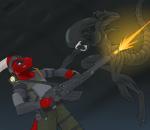 2015 action_pose alien alien_(franchise) anthro armor battle body_armor clothed clothing digital_media_(artwork) dragon duo fight holding_object holding_weapon horn inside jumping marine mythological_creature mythological_scalie mythology pose rattios red_body red_skin scalie scared simple_background tail tokaido weapon xenomorph