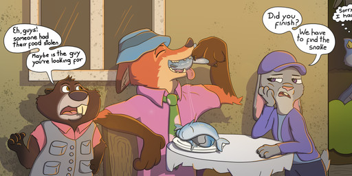 annoyed blue_body blue_scales chair dialogue eating fangs female food fur furniture green_eyes grey_body grey_fur group male orange_body orange_fur plant plate pointy_ears purple_eyes rabbit_ears scales shrub table teeth text window yellow_eyes damgo disney zootopia gary_de'snake judy_hopps nibbles_maplestick nick_wilde aquatic beaver canid canine european_rabbit fish fox lagomorph leporid mammal oryctolagus pit_viper rabbit red_fox reptile rodent scalie snake true_fox viper english_text hi_res