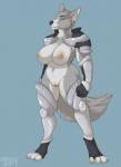 anthro armor big_breasts biped black_nose breasts claws ear_piercing female female_anthro fur genitals grey_body grey_fur nipple_piercing nipples nude piercing pussy scar solo standing unconvincing_armor white_body white_fur dbd riake canid canine canis mammal wolf 2014 absurd_res hi_res