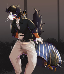 5_fingers anthro bar_emanata belt belt_buckle bent_legs black_body black_clothing black_fur black_hair black_shirt black_tail black_topwear bottomwear brown_body brown_fur buckle clothed clothing collared_shirt dress_shirt emanata exclamation_point eyewear feces feces_bulge fingers fully_clothed fur glasses hair hand_on_belly male multicolored_body multicolored_fur onomatopoeia open_mouth outside pants park shirt shocked soiling soiling_bottomwear soiling_clothing soiling_underwear solo sound_effects tail text topwear underwear white_body white_fur endoudouhu canid canine canis domestic_dog mammal 2026 absurd_res hi_res japanese_text