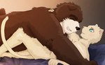 anthro bed brown_body brown_fur brown_nose duo fur furniture green_eyes hug humanoid_hands kemono lying male overweight overweight_anthro overweight_male scar oaks16 bear mammal 16:10 2012 widescreen