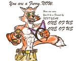 anthro bottomwear breaking_the_fourth_wall canid canine cargo_pants clothing ear_bands fox gesture green_eyes hand_gesture loser69 male mammal multicolored_body muscular muscular_male pants pointing sharp_teeth shirtless solo teeth text