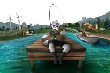 anthro black_bottomwear black_clothing black_nose black_shorts blue_eyes bottomwear brown_clothing brown_shirt brown_t-shirt brown_topwear building car clothed clothing duo fishing front_view fur gloves_(marking) green_clothing green_topwear grey_body grey_fur leg_markings male markings orange_body orange_fur outside plant shirt shorts sitting sky socks_(marking) solo_focus striped_markings striped_tail stripes t-shirt tail tail_markings teeth topwear tree vehicle water whiskers white_body white_fur white_sky wind_turbine pache_riggs mammal procyonid raccoon 2015 3:2 dated hi_res